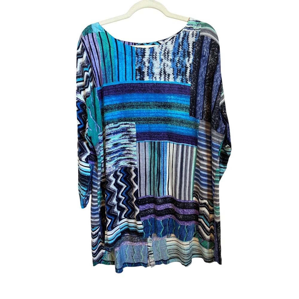 Parsley & Sage Blue Patchwork Tunic Top Womens 1X Roll Tab‎ Sleeve Back Button